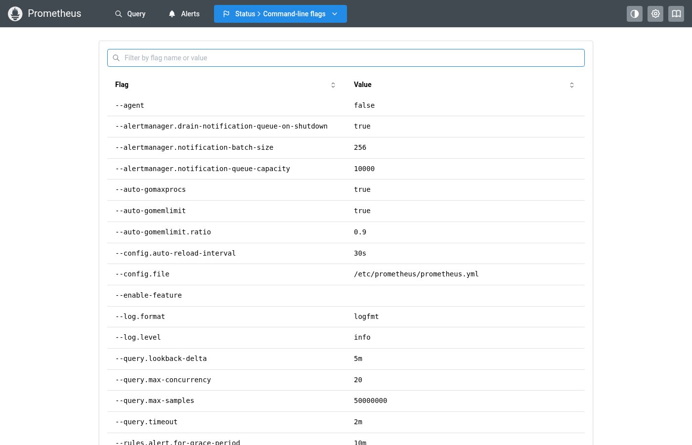 DataTable on the Flags page — sortable table with flag values