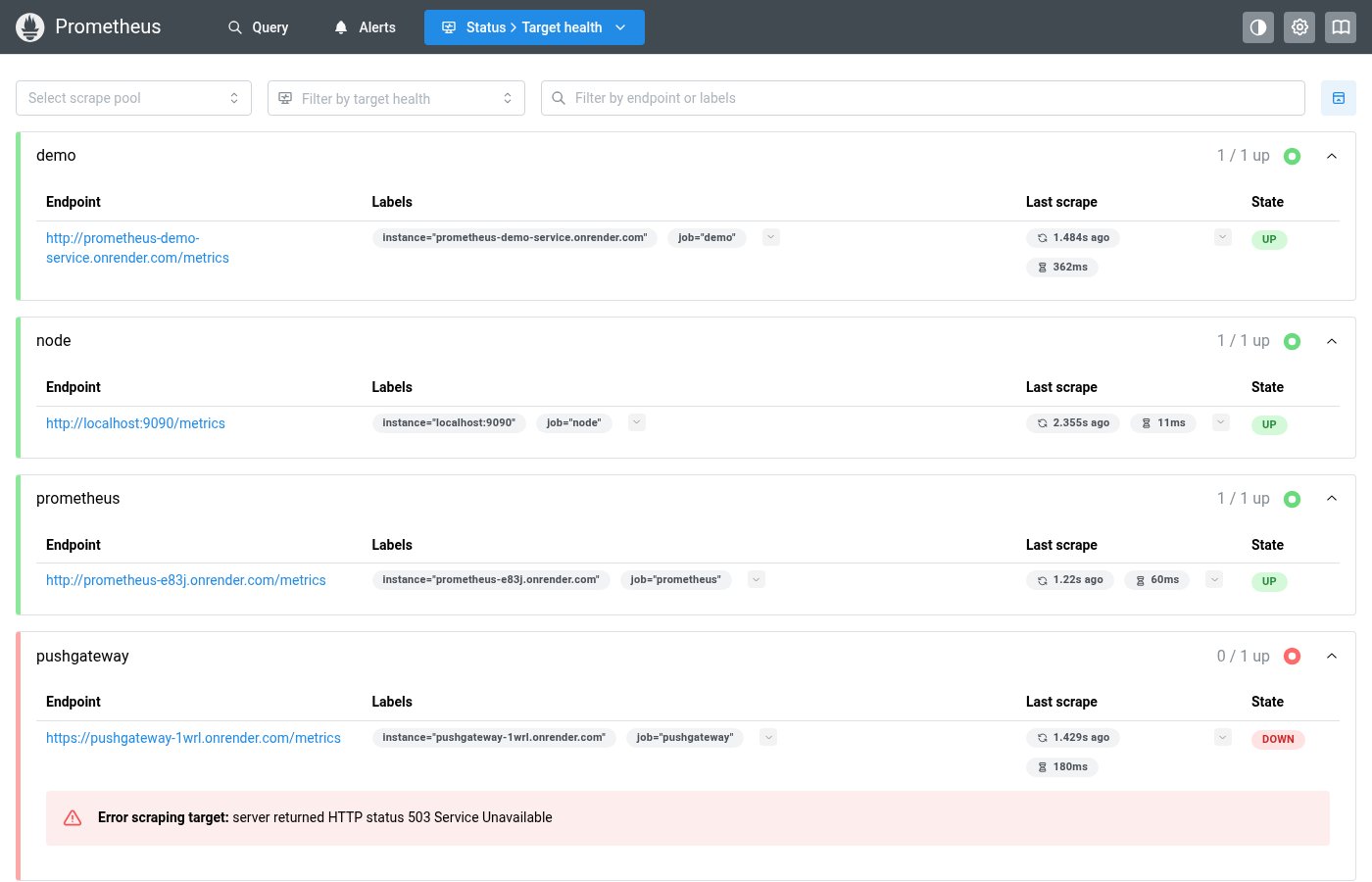EndpointLink on the Targets page — clickable scrape endpoint URLs
