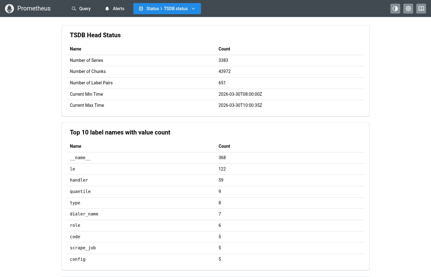 DataTable on the TSDB Status page — top 10 metrics